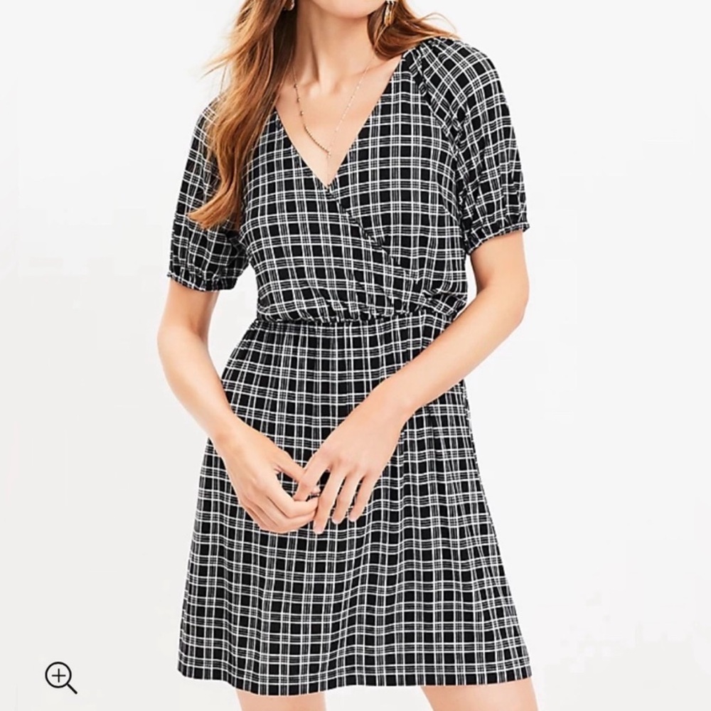 LOFT Black + White Gingham Puff Sleeve Mini Dress size XS